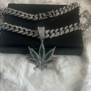 Green Crystal Leaf Pendant Cuban Link Necklace
